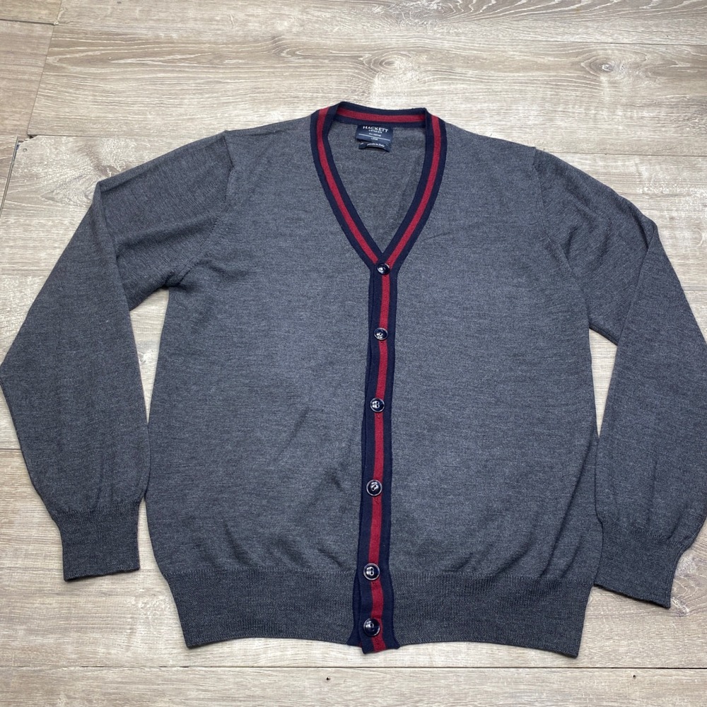 Hackett London Cardigan Men Large 100% Merino Wool Gray Red Stripe Made in Italy